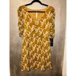 Broadway & Broome Boho CottageCore Hippie Tan White Floral 100% Silk Dress